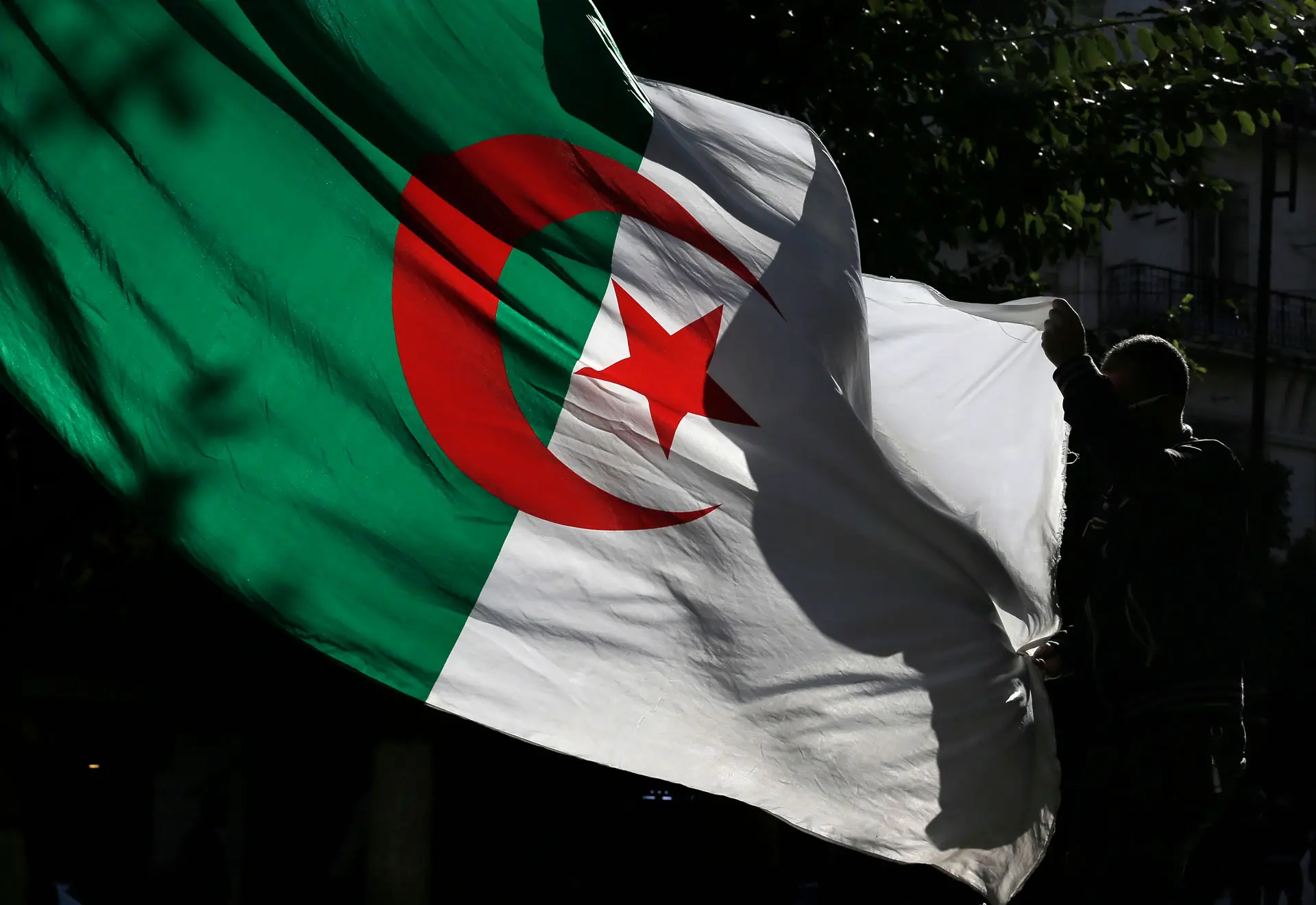 An Algerian demonstrator holds the Algerian national flag as he stage a protest against the government in Algiers, Algeria, Friday, Nov.29, 2019. © 2019 AP Photo/Toufik Doudou