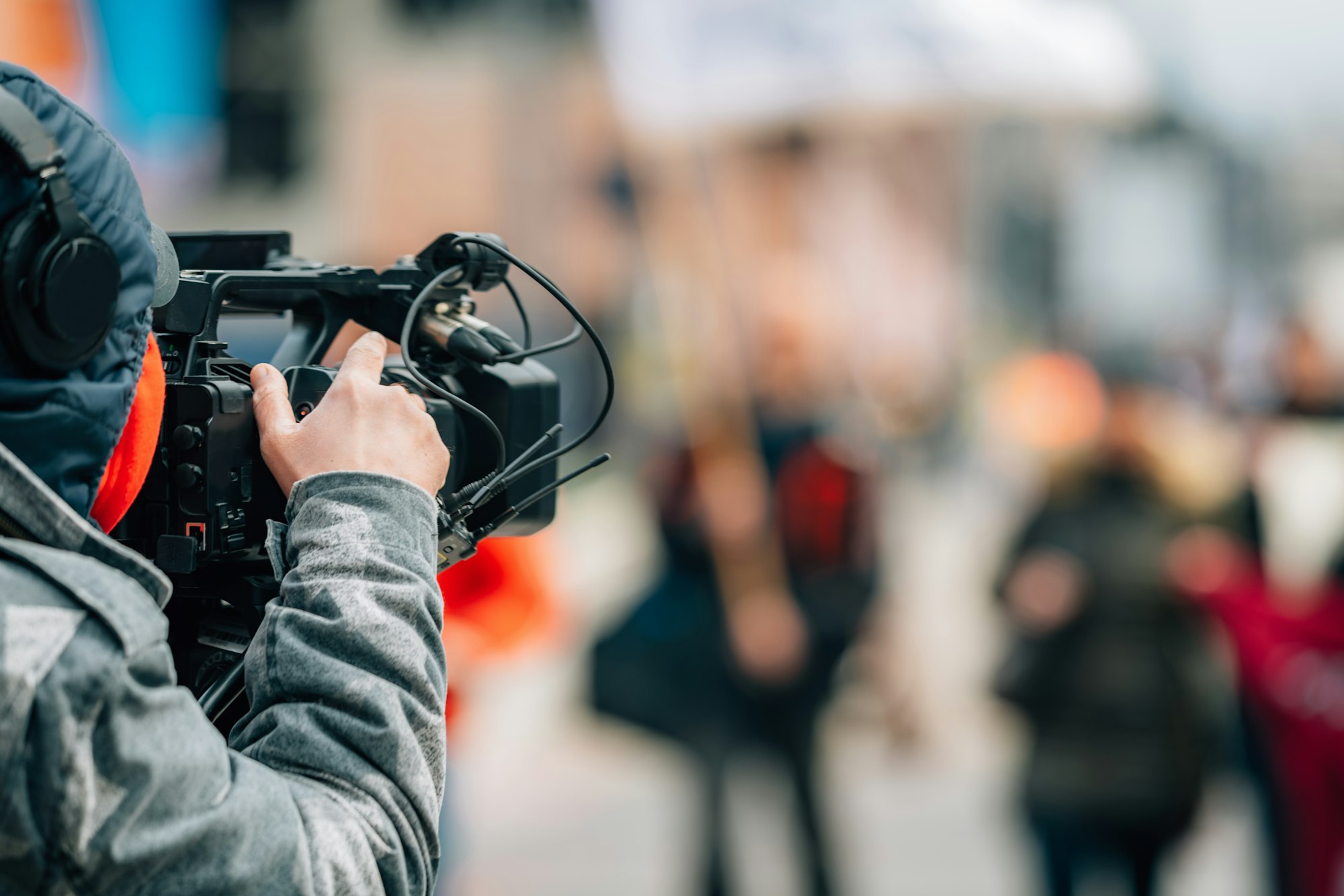 Television camera at the public protest, street demonstrations